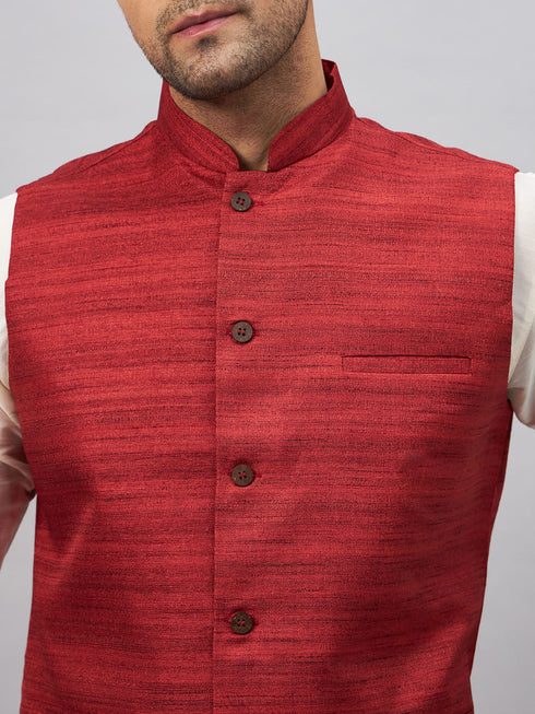 Vastramay Men's Maroon Matka Silk Nehru Jacket With White Silk Blend Kurta Pyjama Set